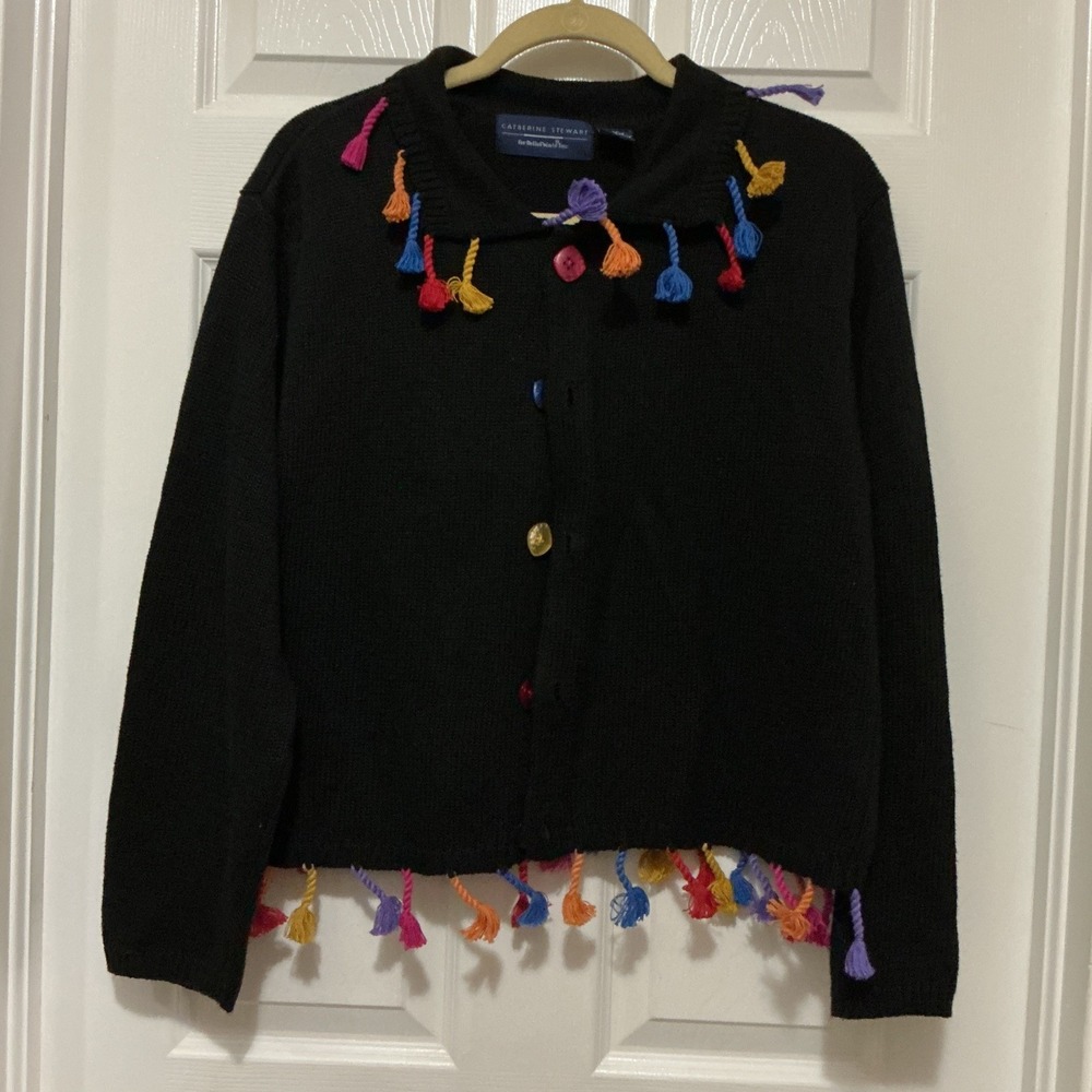 Catherine‎ Stewart BELLEPOINTE black Cardigan SWEATER XL Colorful Tassels
